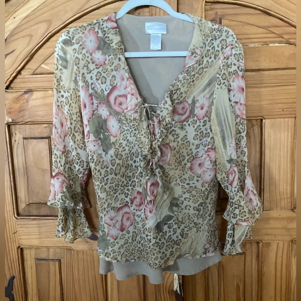 Worthington Pink Floral Leopard SILK Blouse XL - Picture 1 of 5